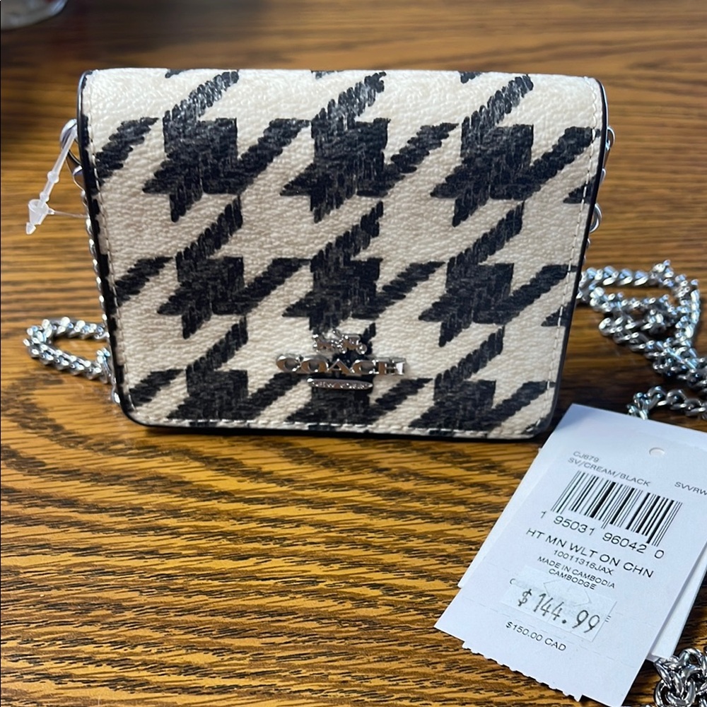Coach Black and Cream Houndstooth Crossbody Wallet